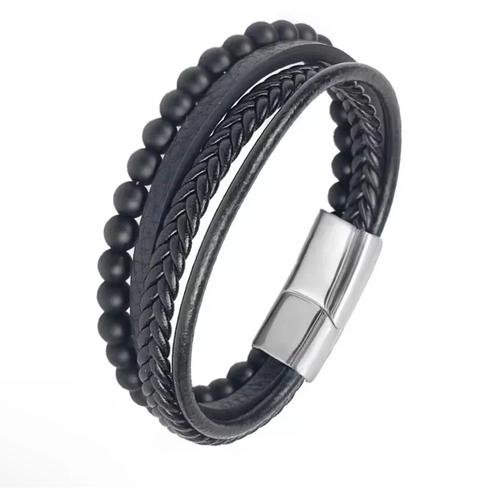 Men’s Multi layer Leather Stainless Steel Bracelet 9”